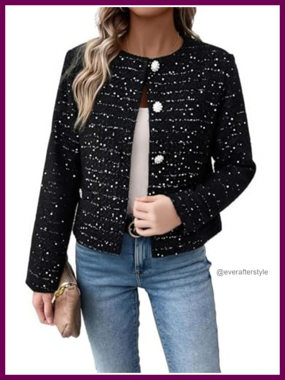 Tweed Sequin Cropped Blazer Long Sleeve Round Neck Button Jacket
